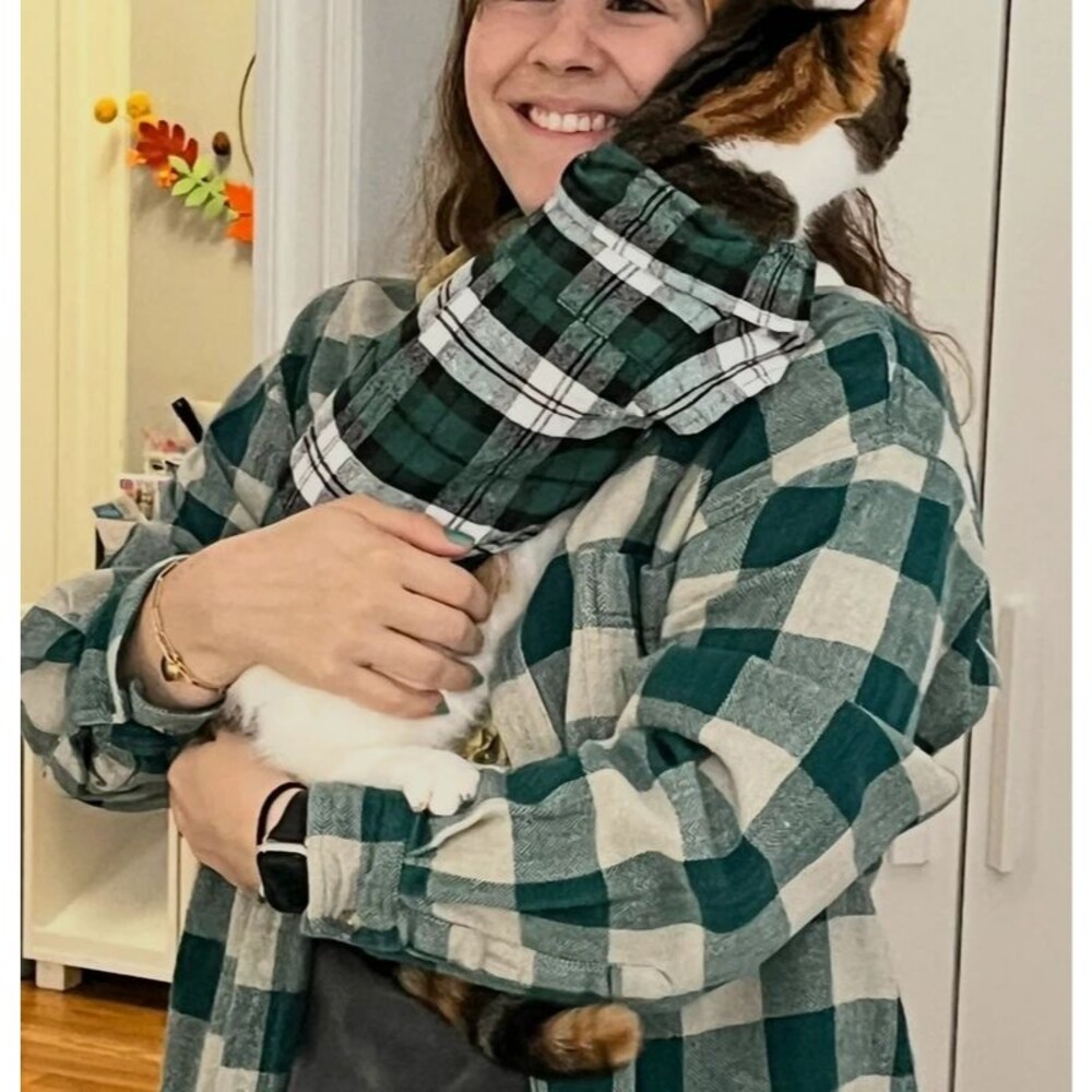Green white and black flannel shirt for a cat cleaned